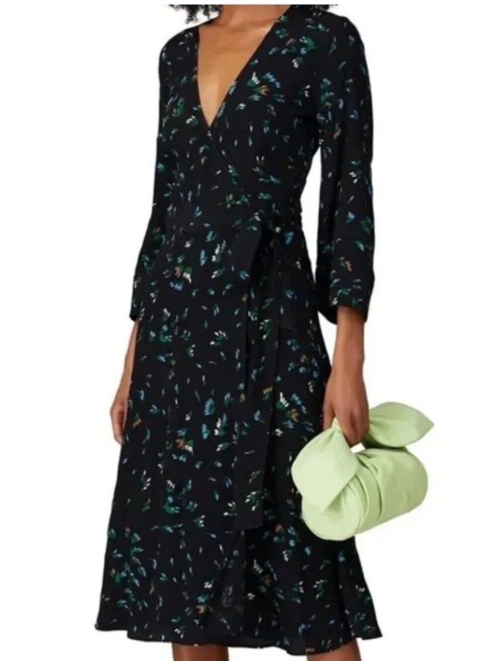 GANNI Printed Crepe Wrap Dress Verdant Green Floral Size 38 USA 6 - Picture 2 of 13
